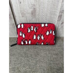 Vera Bradley Red Quilted Wallet With Penguin Print & Zipper Closure